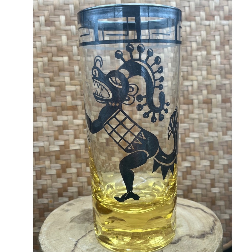 Vtg MCM Mayan Aztec Highball Glasses yellow Base Silver Greek Key Rim Set of 4